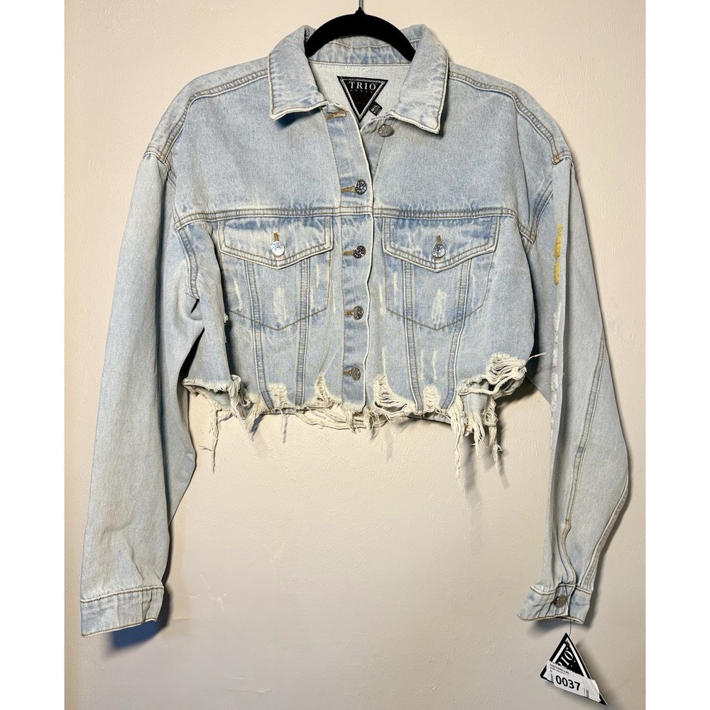 Trio Urban Mona Lisa Heart Denim Crop Jacket Women's Size M/L Distressed NWT